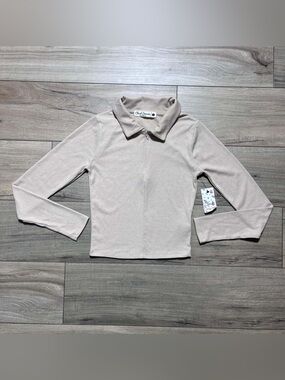 Cloud Dancer Womens Ribbed Long Sleeve 1/4 Zip Cropped Polo‎ Top Small Tan